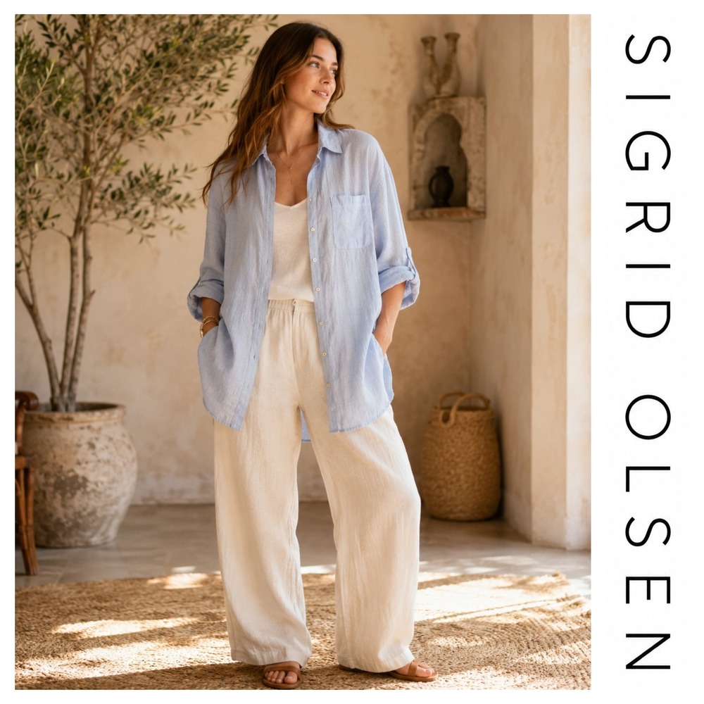 Sigrid Olsen Light Blue 100% Linen Button Down Long Sleeve Shirt Beach Coastal L